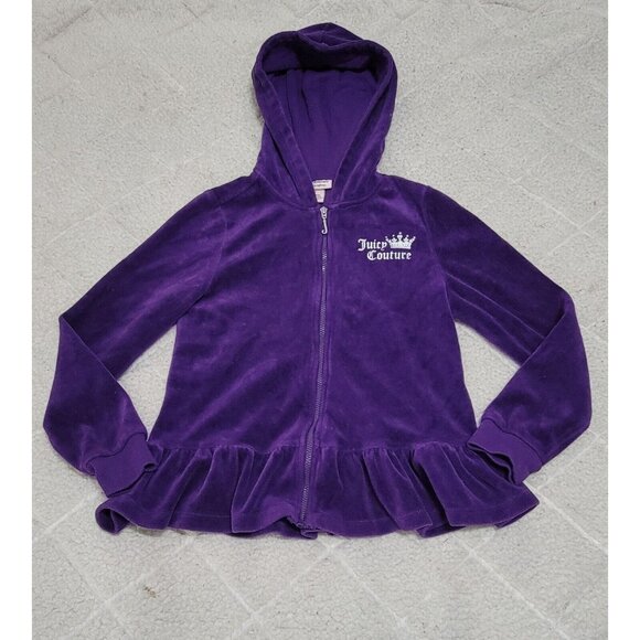 Juicy Couture Girls Purple Velour Full Zip Hoodie Studded Ruffled Hem Size 7 - Picture 3 of 11